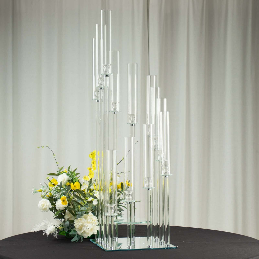 12-Arm Crystal Glass Cluster Candelabra Pedestal Stand 4.5ft - Square Hurricane Taper Candle Holder Table Centerpiece